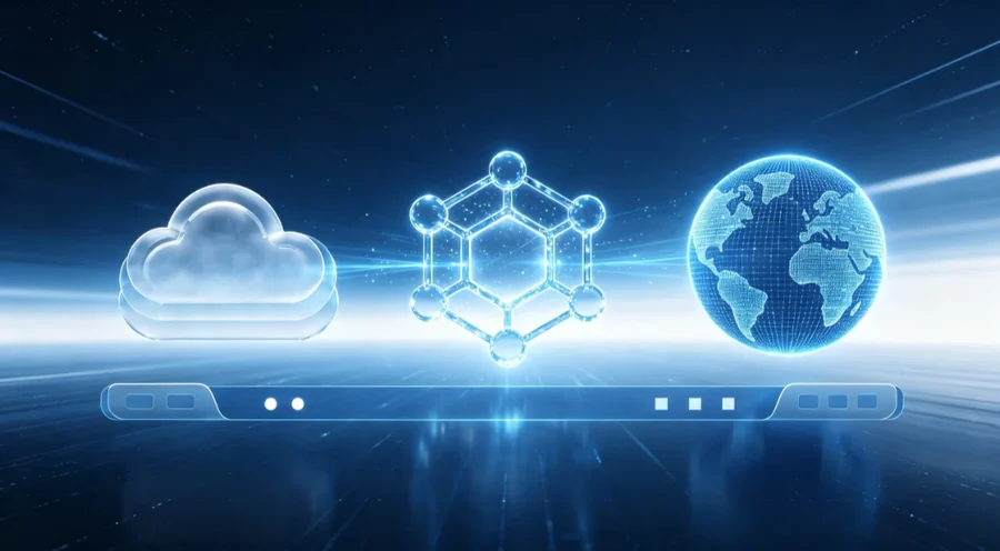 纳米云 NanoCloud 机场品牌插画：蓝色科技风的粒子与网络意象，非云计算产品